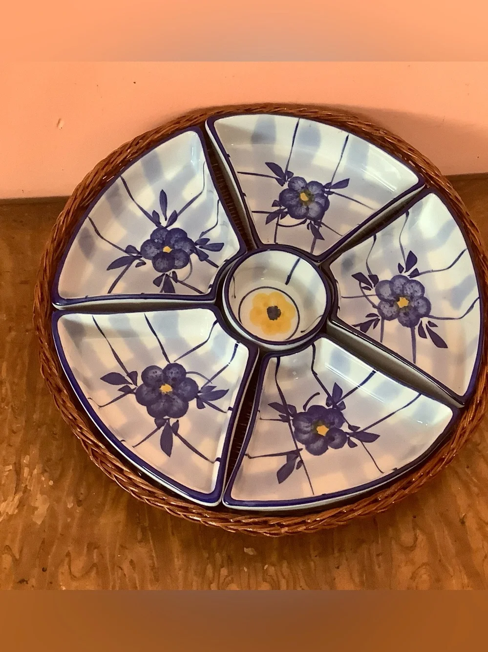 Vintage Floral Ceramic Serving Platter  6-Part Snack & Dip  9.5” Tray